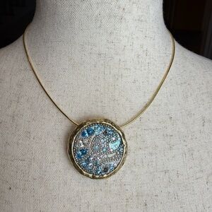 Orit Schatzman sterling 925 silver and aqua blue rhinestone pendant necklace